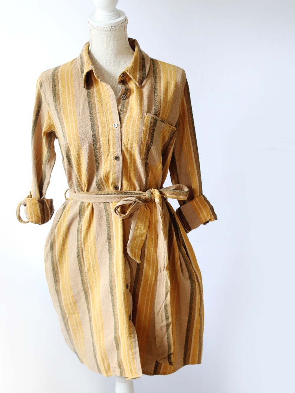 Mystree Brand New Brown and Gold Striped Shirt Dress